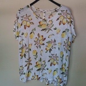 Cynthia Rowley Shirt 2X 100% Linen Lemon Print Back Buttons Blouse
